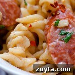 Rotini Pasta With Sausages and Garlic Sauce - Featured Image