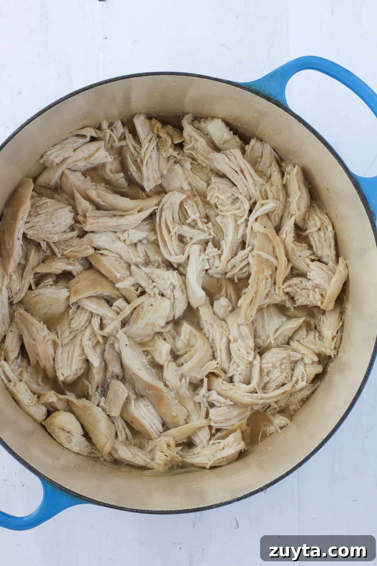 Flavorful Dutch Oven Pulled Chicken Recipe 2 Pulled chicken in a large Dutch oven.