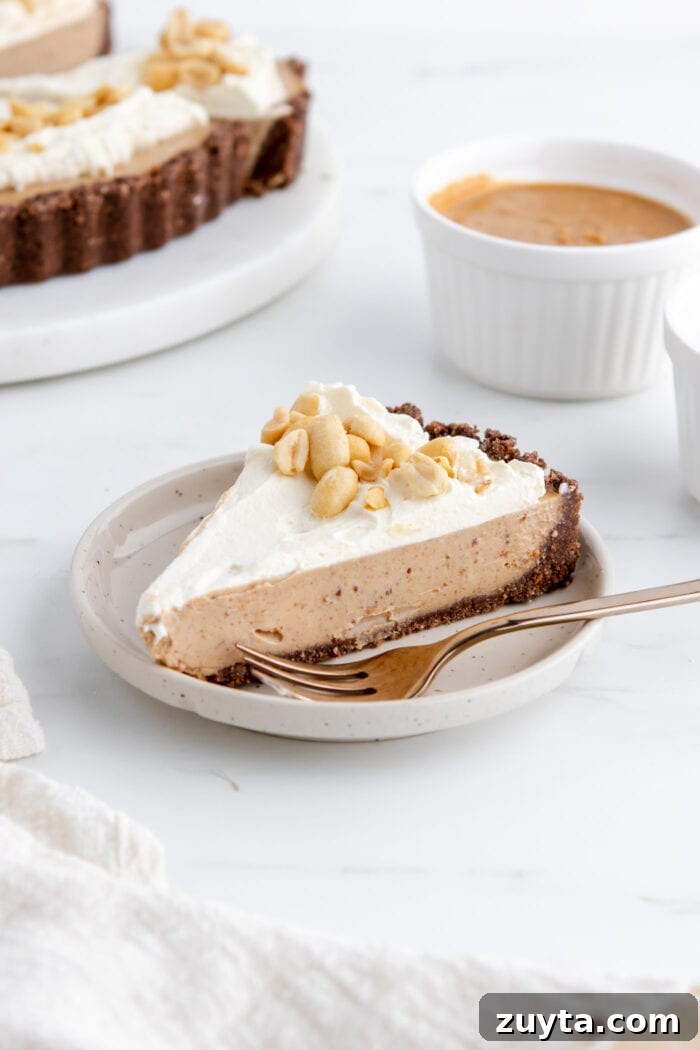 Creamy No-Bake Vegan Peanut Butter Pie 8 Slice of peanut butter pie topped with whipped cream and peanuts on a plate.