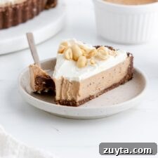 Creamy No-Bake Vegan Peanut Butter Pie 9 Slice of peanut butter pie on a plate with a bite taken from it.