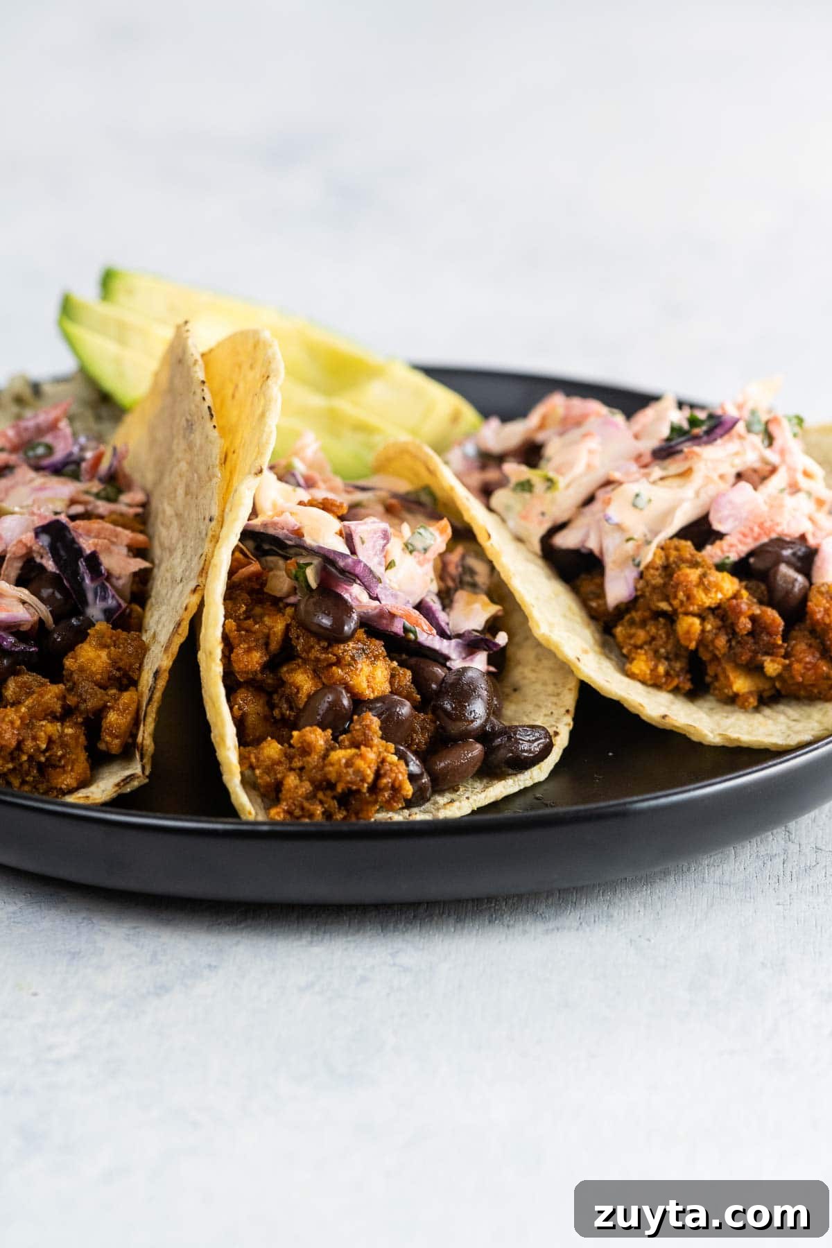 Sofritas Tofu Taco Filling Recipe 6 three sofritas tacos on a plate