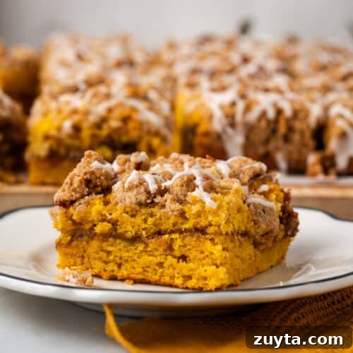A slice of pumpkin coffee cake served on a white plate.