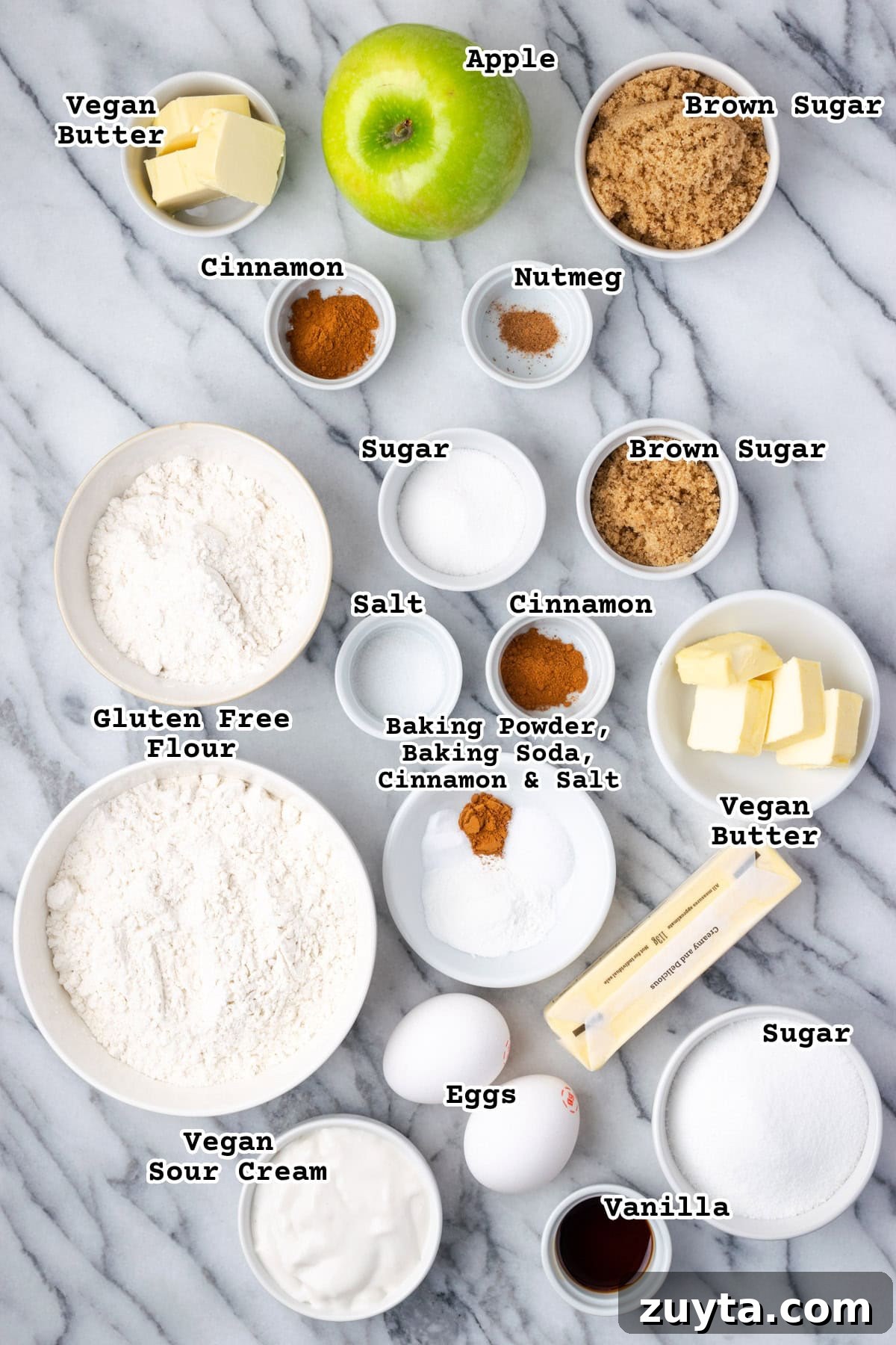 Moist Apple Cinnamon Coffee Cake Recipe 3 Ingredients for a gluten free apple coffee cake on a marble counter.
