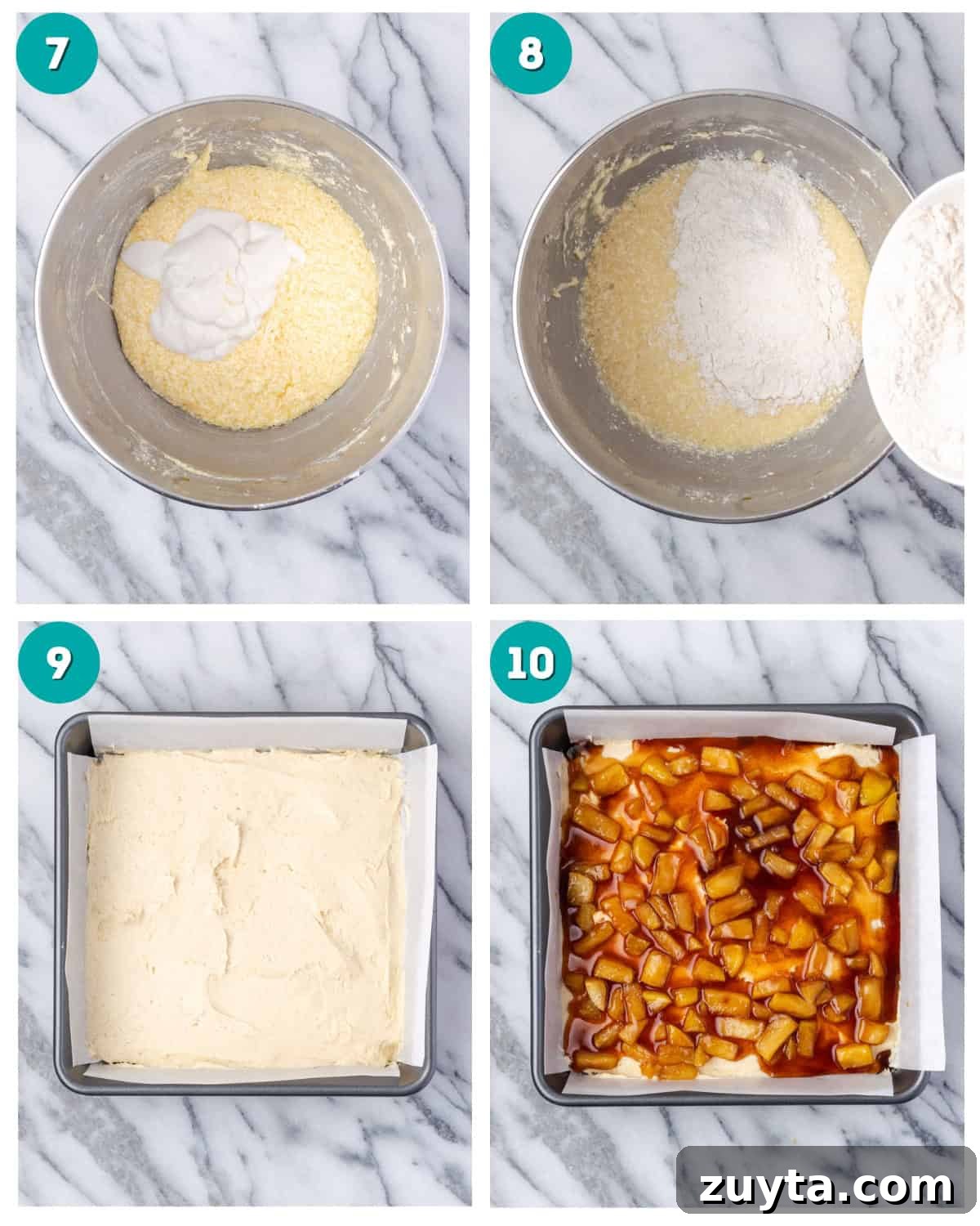 Moist Apple Cinnamon Coffee Cake Recipe 6 Step by step photos showing the sour cream and dry ingredients being added to the cake batter and the cake being prepared in the baking pan.