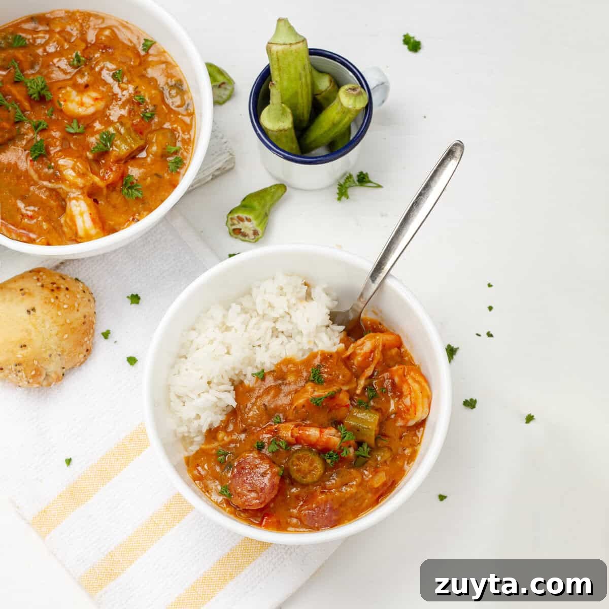 Gumbo served with rice in a bowl