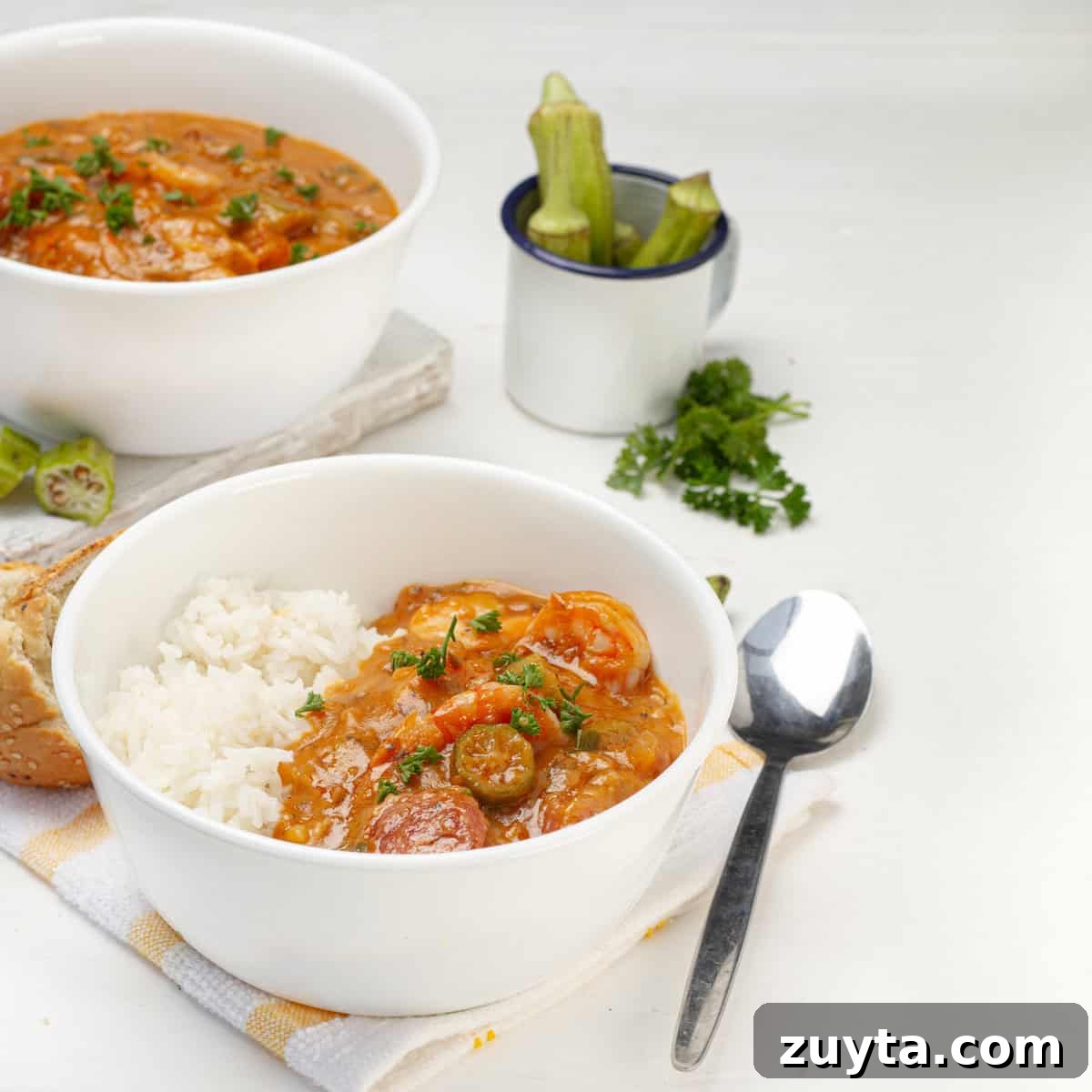 Gumbo served with rice in a bowl