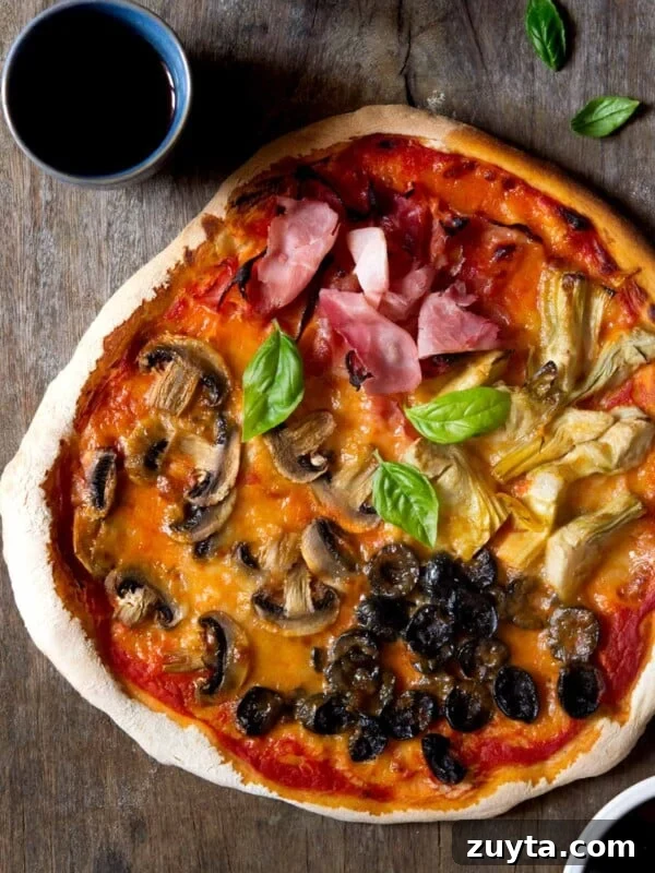 An overhead shot of a four seasons pizza