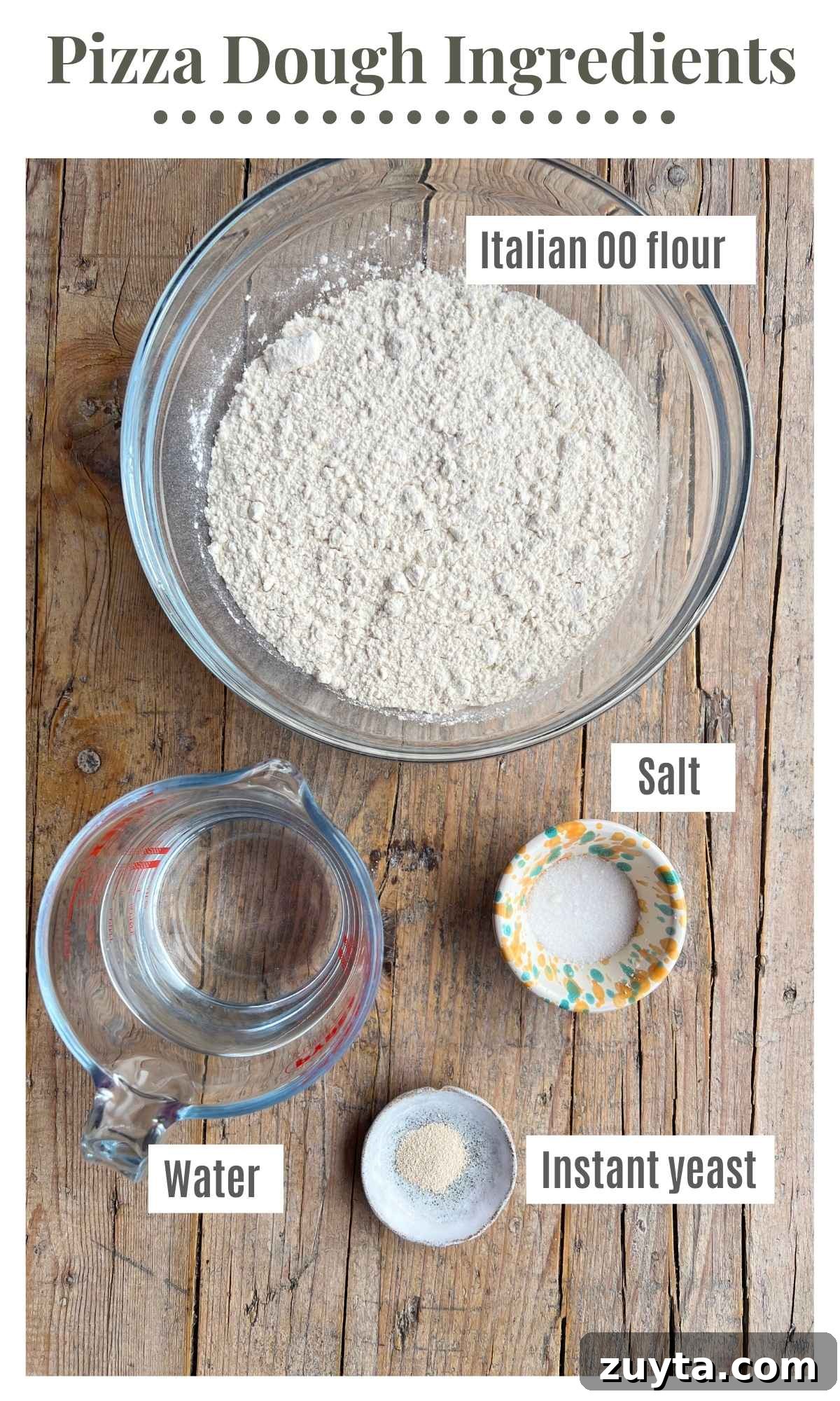 All the ingredients needed to make pizza dough laying in bowls on a rustic wooden surface.