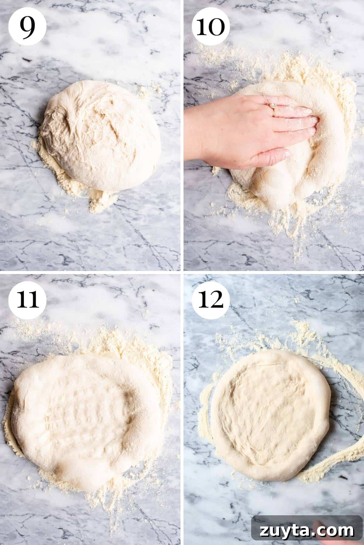 Four photos in a collage showing how to shape a pizza base.