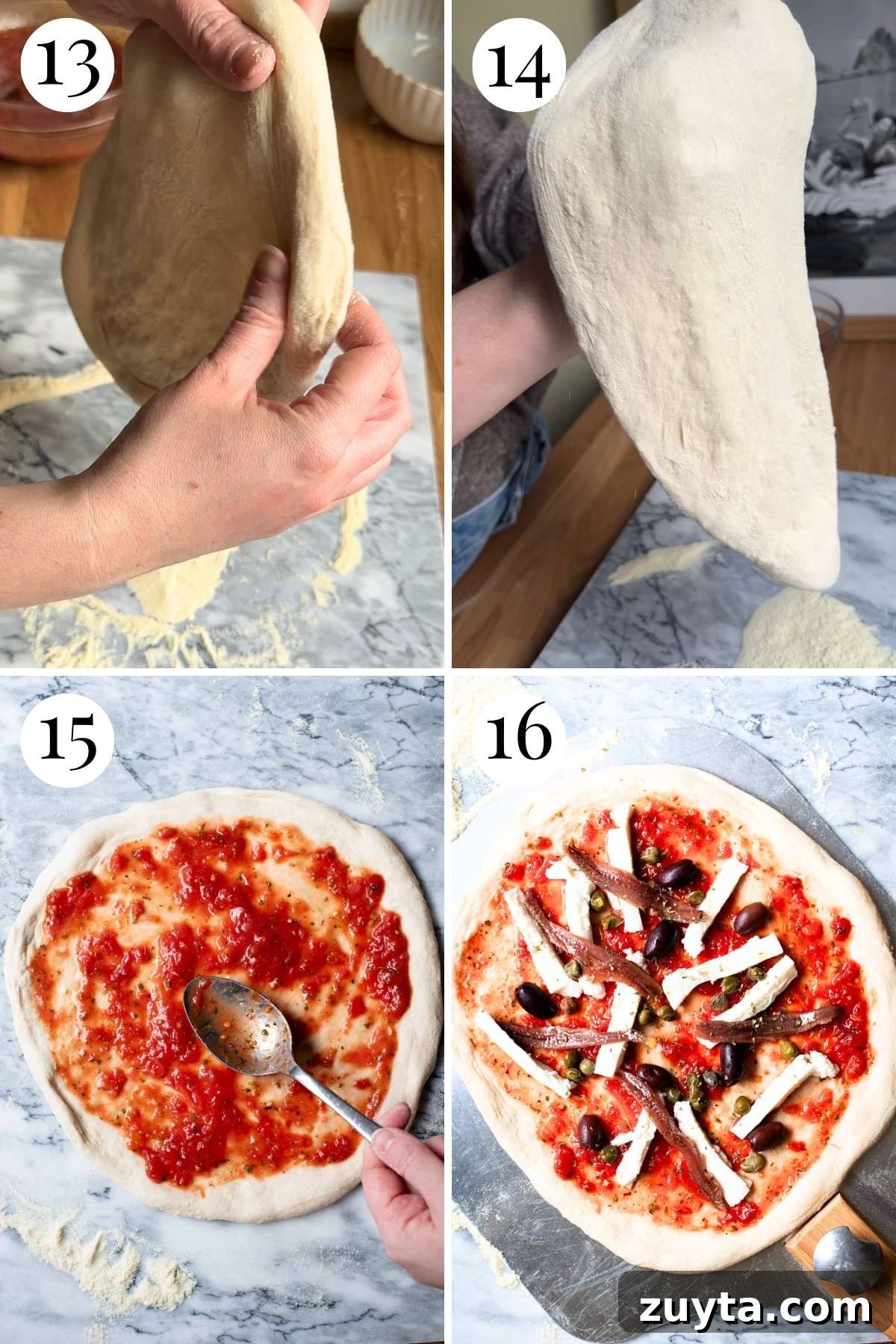 Four photos in a collage showing how to stretch a pizza base further and add toppings.