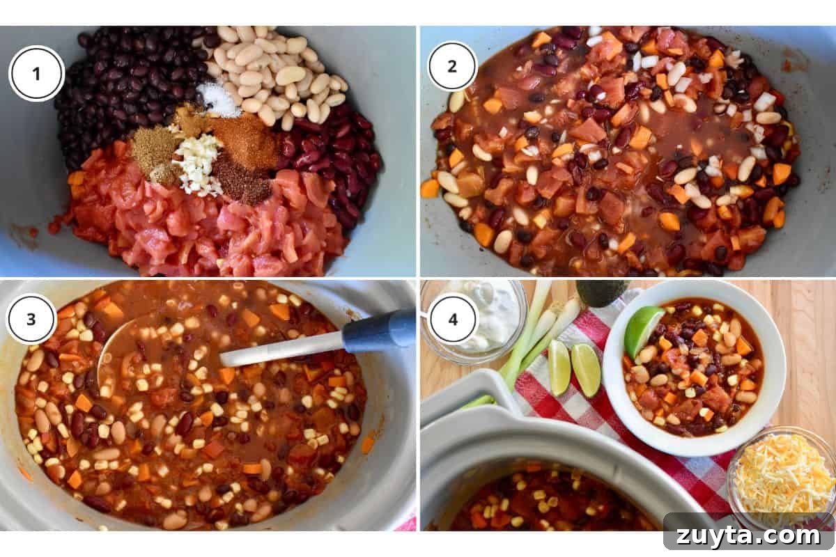Slow Cooker Three-Bean Vegetarian Chili Recipe 5 Process shots showing how to make recipe including pouring everything into the slow cooker and platting the food.