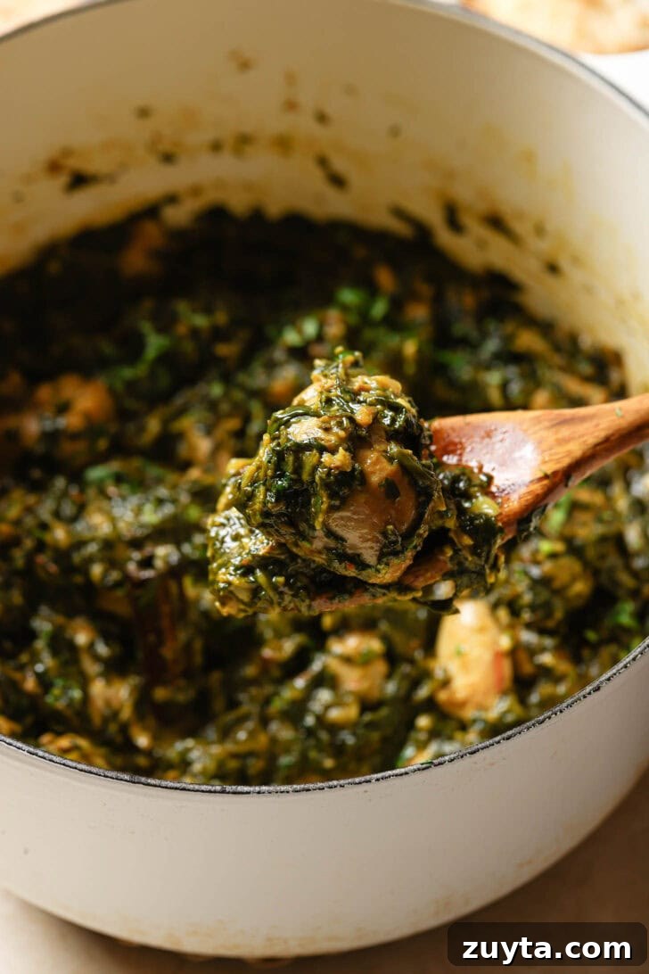 Creamy Chicken Saag with Spinach 9 Holding a piece of Palak Chicken in a wooden spoon over a pot.
