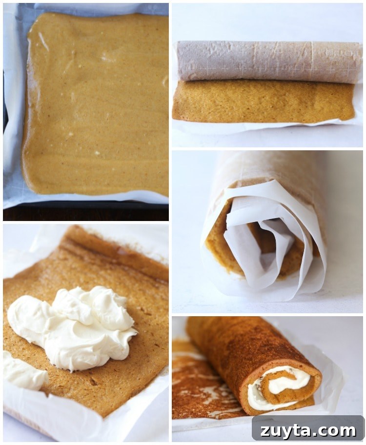 Photo collage showing the steps to bake, roll, and fill a pumpkin roll from scratch.
