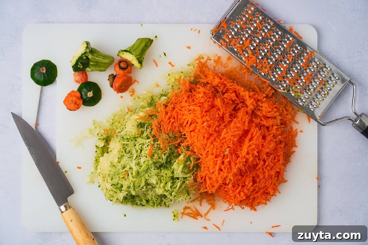 One-Bowl Zucchini Carrot Muffins Recipe 3 zucchini and carrot grated on a cutting board