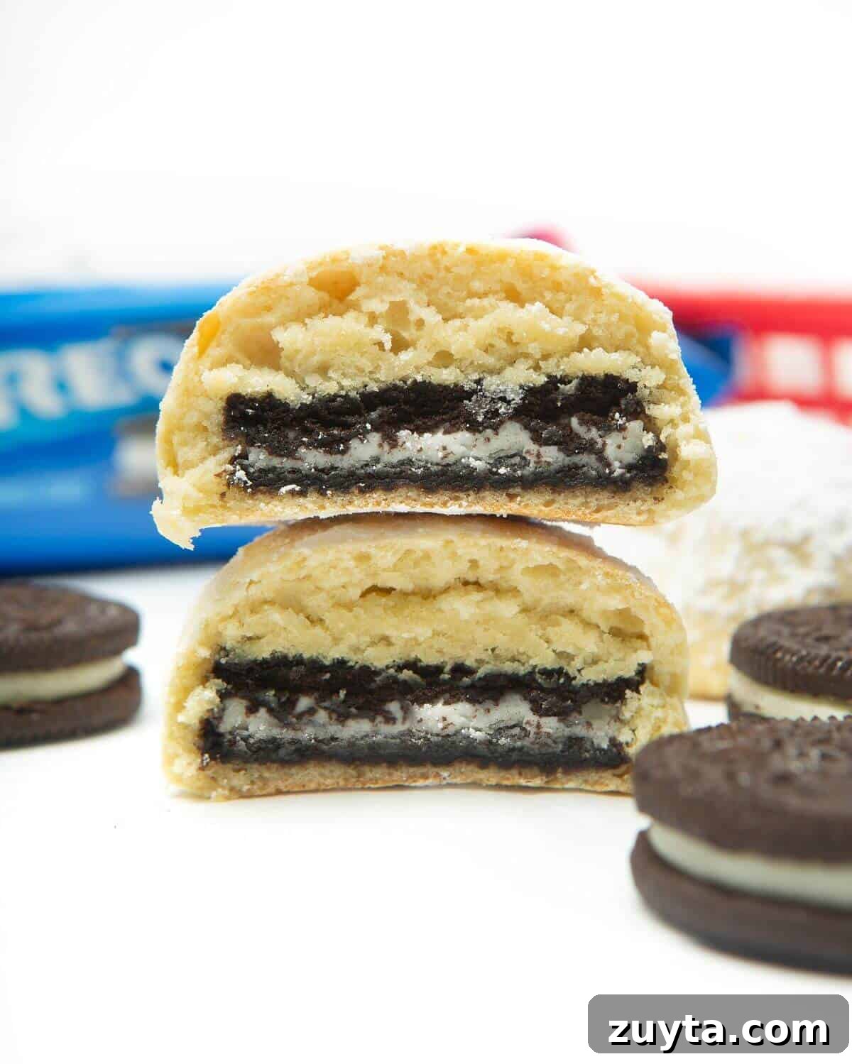 Air Fryer Oreos Recipe: Crispy, Gooey Dessert 2 two air fried oreos cut in half stacked on top of each other