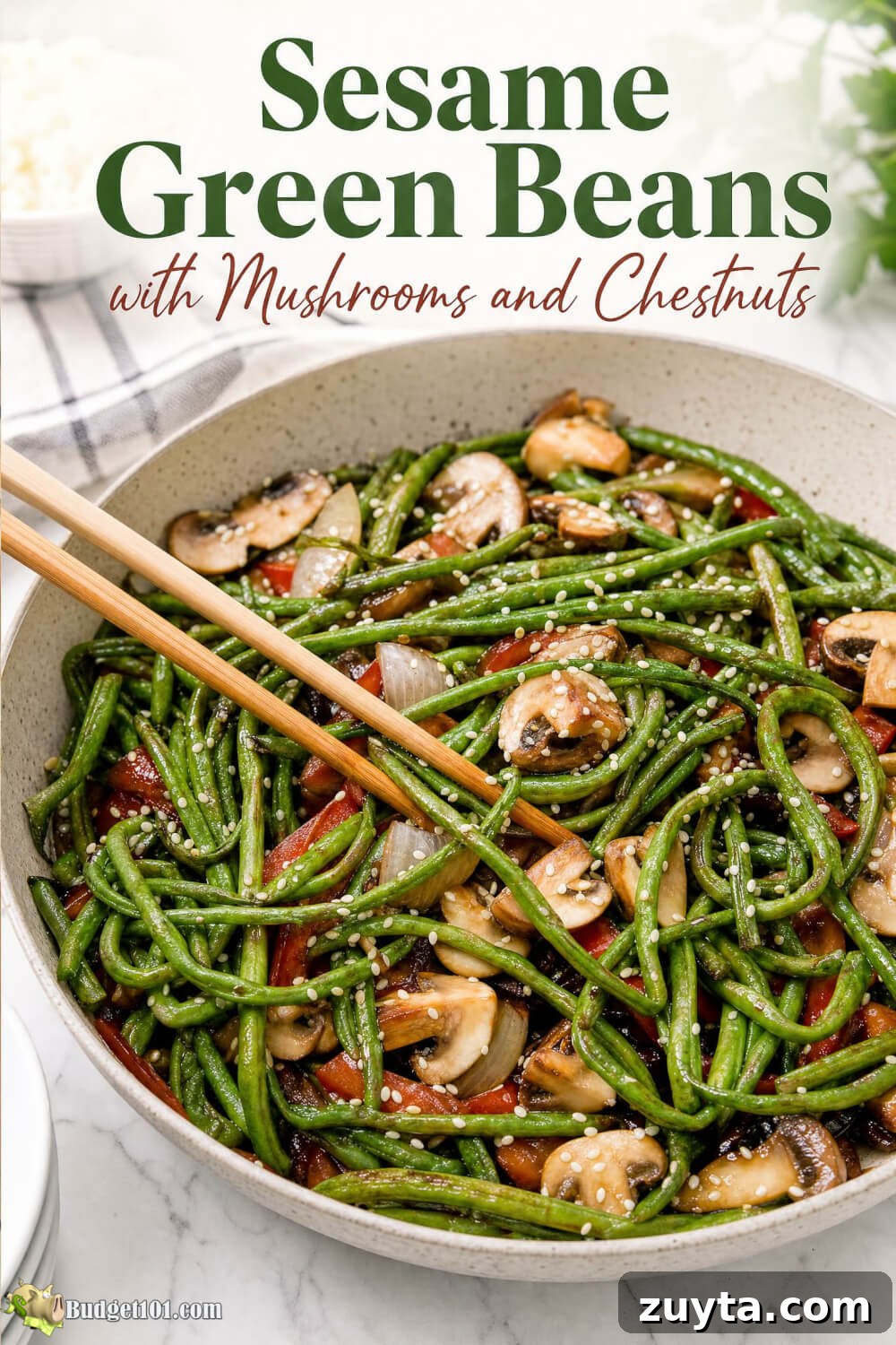 Sesame Green Beans with Mushrooms Sesame-glazed green beans with sliced mushrooms, water chestnuts, and sesame seeds, with the recipe name displayed