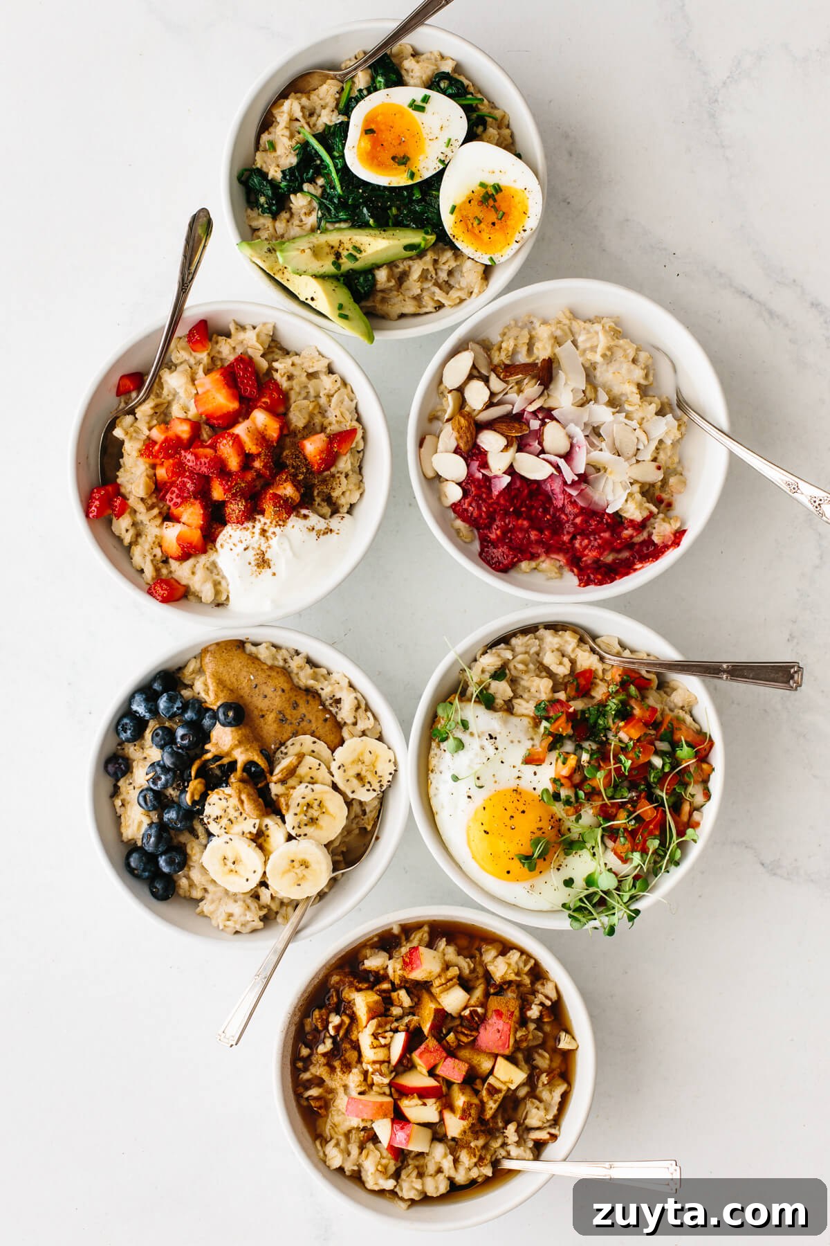 Over 60 Mediterranean Diet Recipes for Every Meal 14 Bowls of oatmeal on a table.