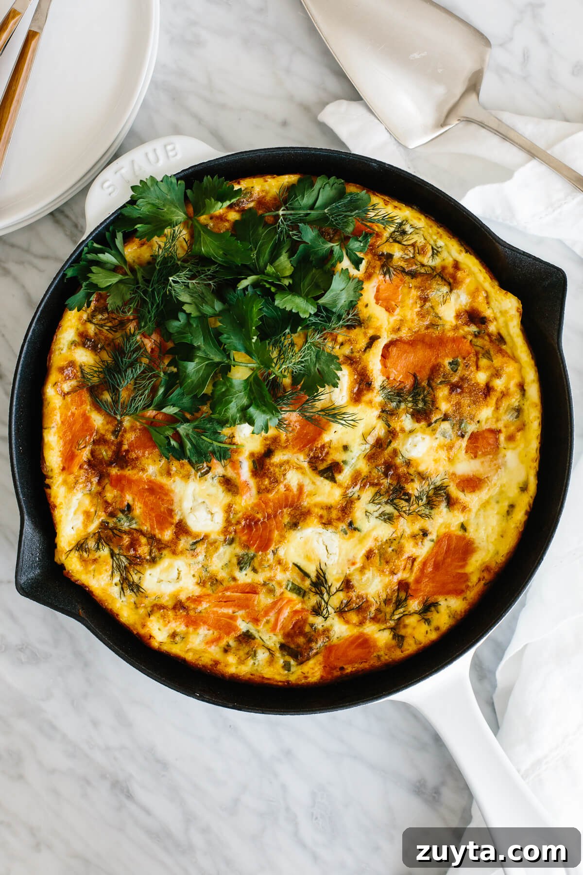 Over 60 Mediterranean Diet Recipes for Every Meal 20 Smoked salmon frittata recipe in a pan.