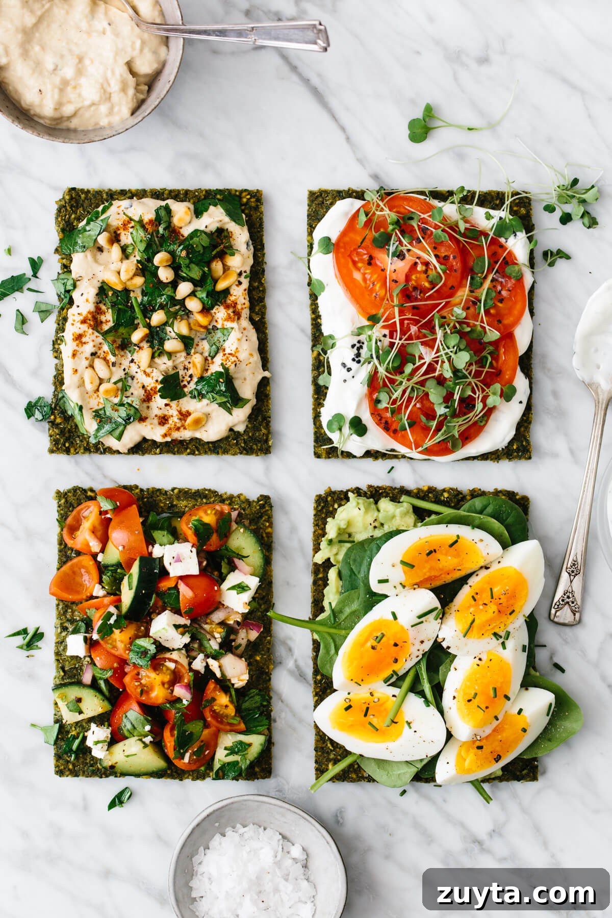 Over 60 Mediterranean Diet Recipes for Every Meal 25 Falafel flatbread with different toppings.