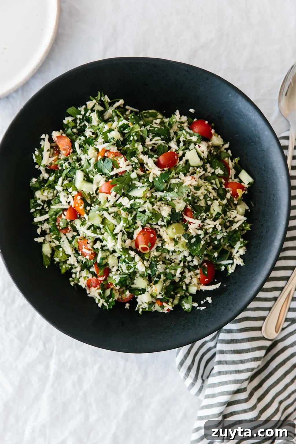 Over 60 Mediterranean Diet Recipes for Every Meal 44 (gluten-free, paleo, whole30) Cauliflower rice tabbouleh is a tasty spin on tabbouleh and swaps bulgur with cauliflower rice, making this lemon herb salad gluten-free and paleo-friendly.