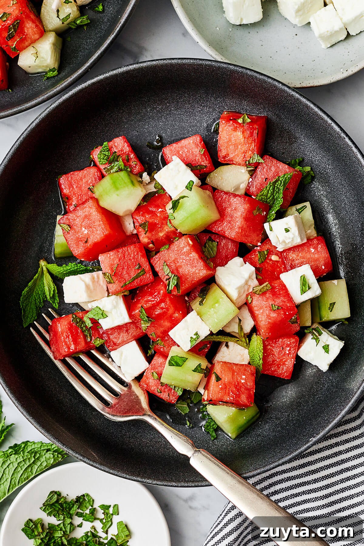 Over 60 Mediterranean Diet Recipes for Every Meal 45 Watermelon salad in a black bowl