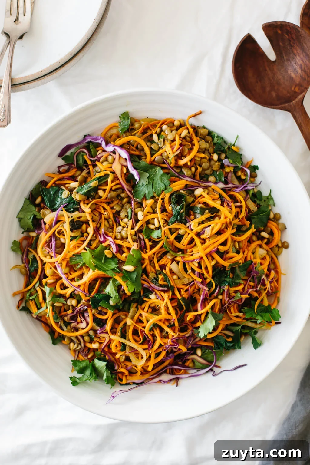 Over 60 Mediterranean Diet Recipes for Every Meal 54 Sweet potato noodles salad is a combination of spiralized sweet potato noodles, cabbage, lentils, sautéed onions and Swiss chard. It's topped off with fresh herbs, toasted pine nuts and a zesty Dijon vinaigrette.