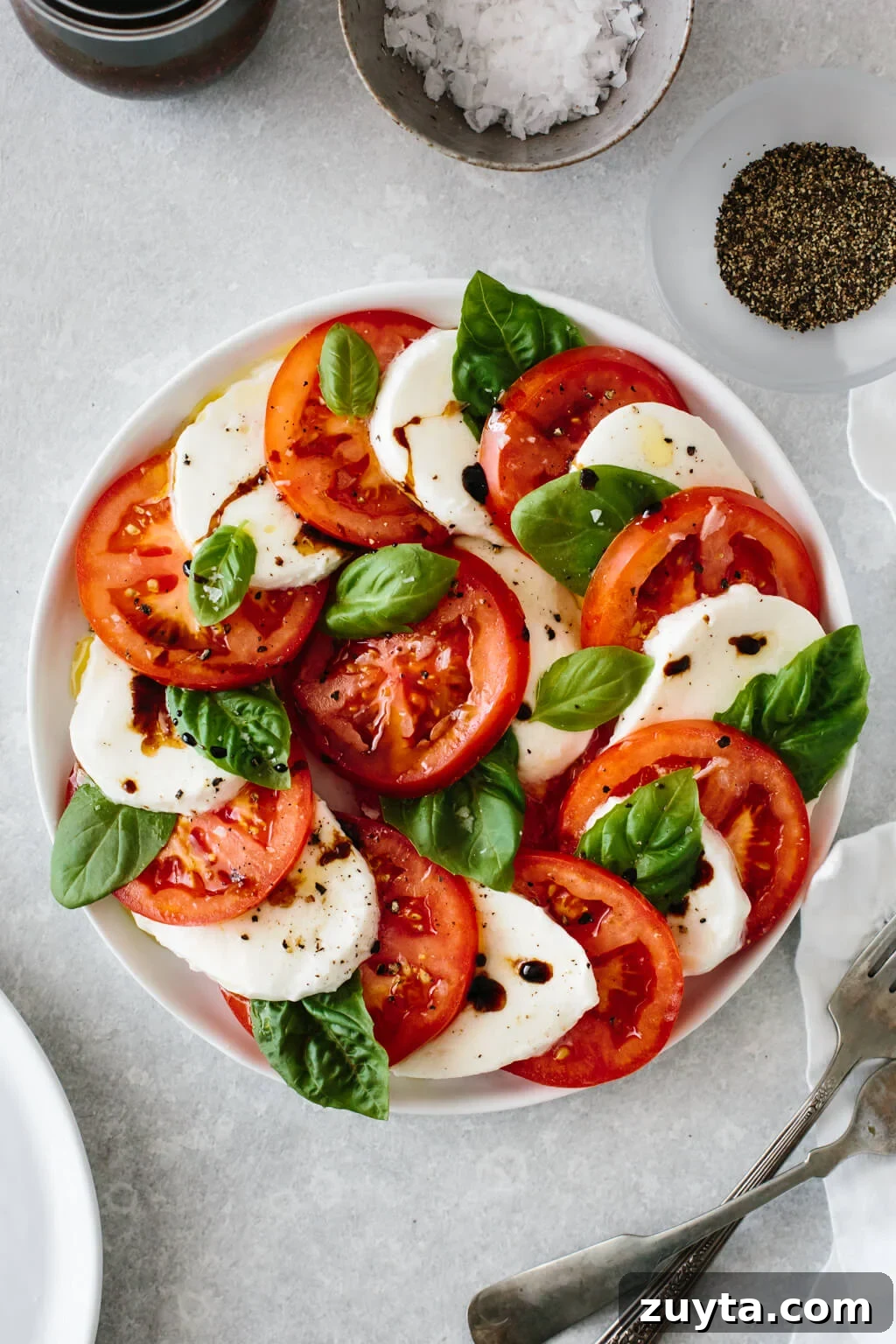 Over 60 Mediterranean Diet Recipes for Every Meal 8 Slices of tomato and mozzarella on a plate with fresh basil leaves.