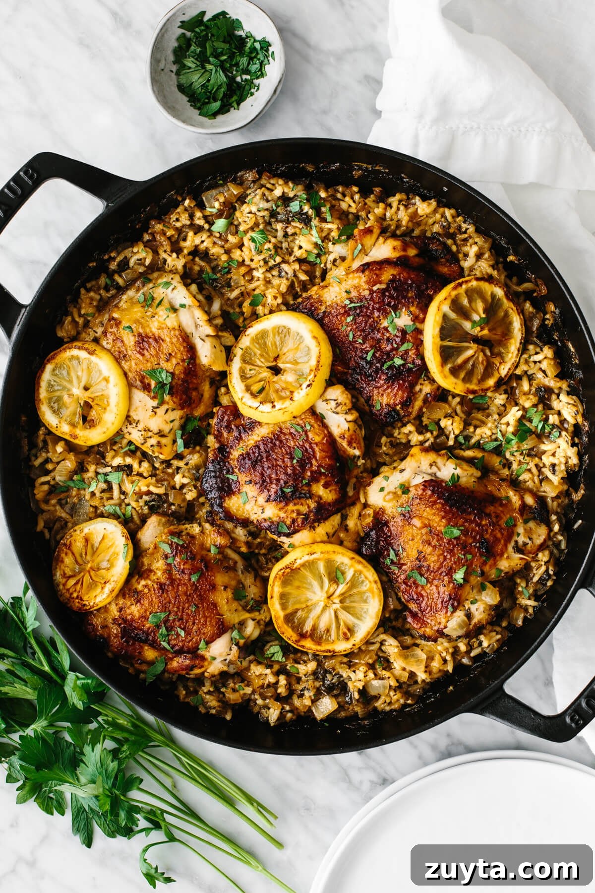 Over 60 Mediterranean Diet Recipes for Every Meal 73 Chicken and rice in one pan garnished with lemon slices and parsley.