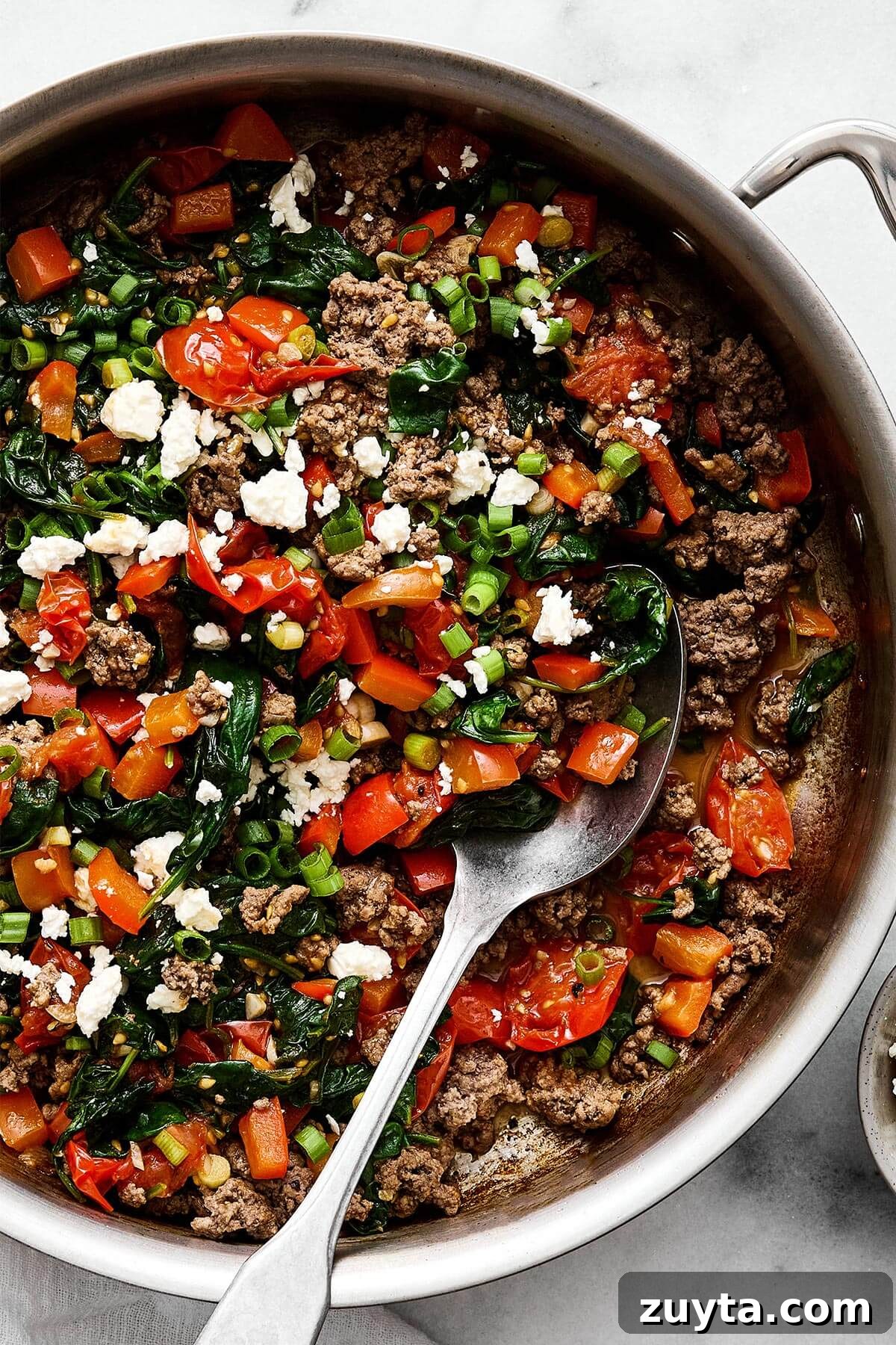 Over 60 Mediterranean Diet Recipes for Every Meal 80 A pan of Mediterranean ground beef stir fry.