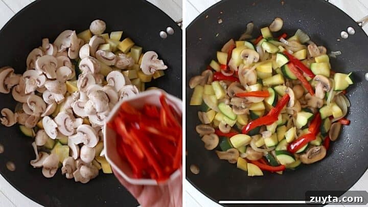 15-Minute Ground Pork Stir-Fry Recipe 5 Stir frying the ground pork stir-fry vegetables in a wok.