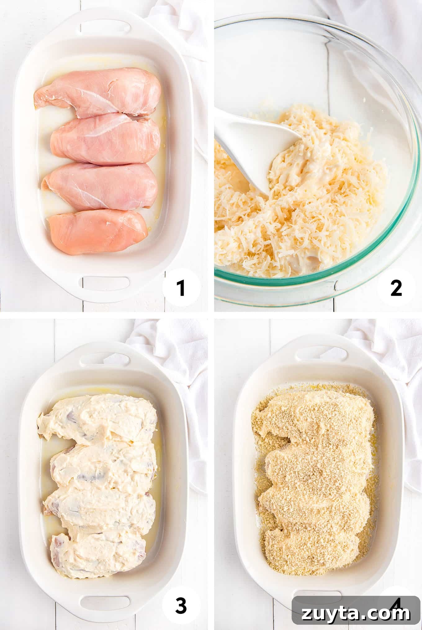 4-Ingredient Crispy Panko Chicken Recipe 4 A collage of images showing the chicken in a baking dish, mixing the mayo and cheese, adding it to the top of the chicken, and finally adding the breadcrumbs.
