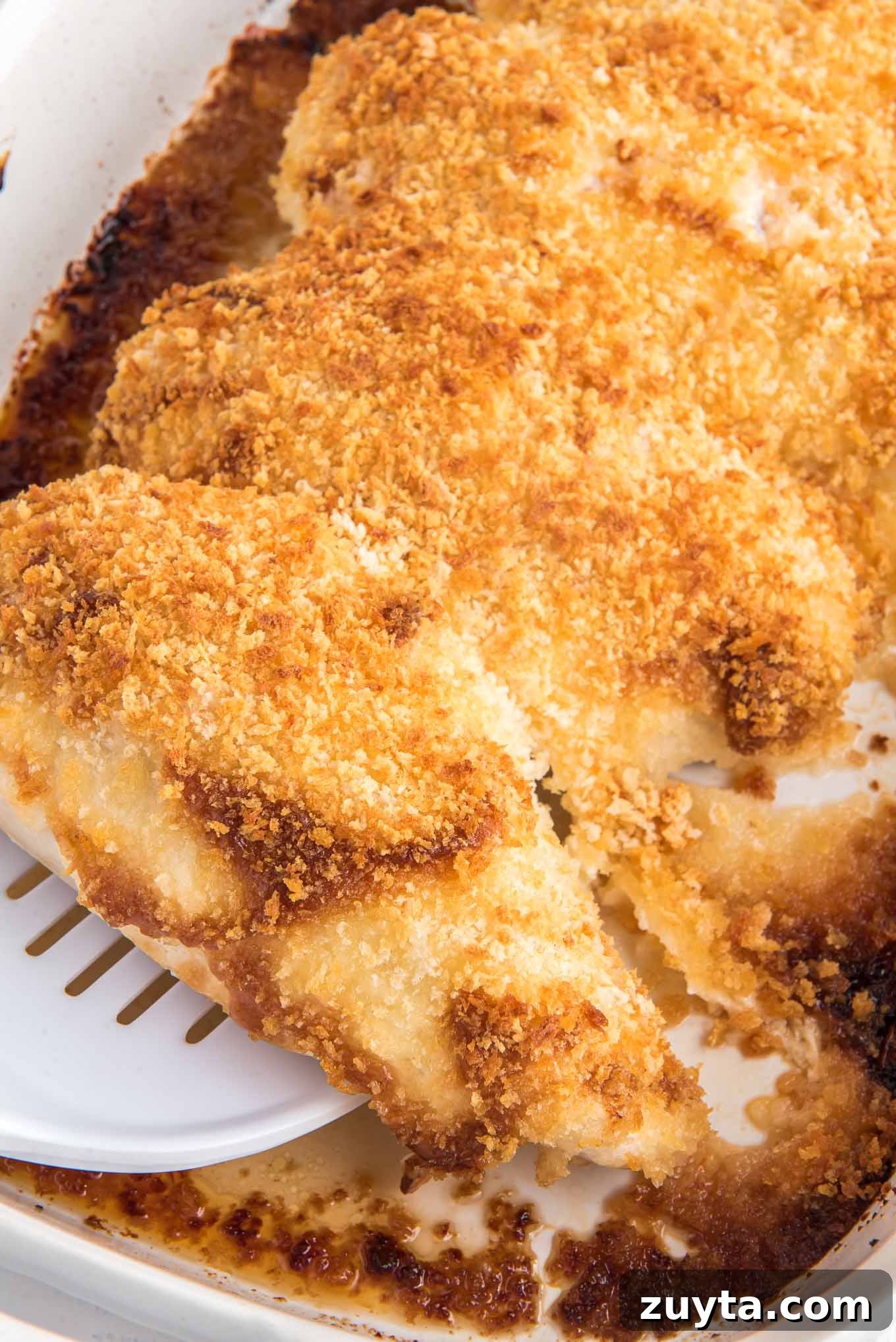 4-Ingredient Crispy Panko Chicken Recipe 9 Crispy panko chicken breasts in a baking dish with a spatula lifting one up to serve.