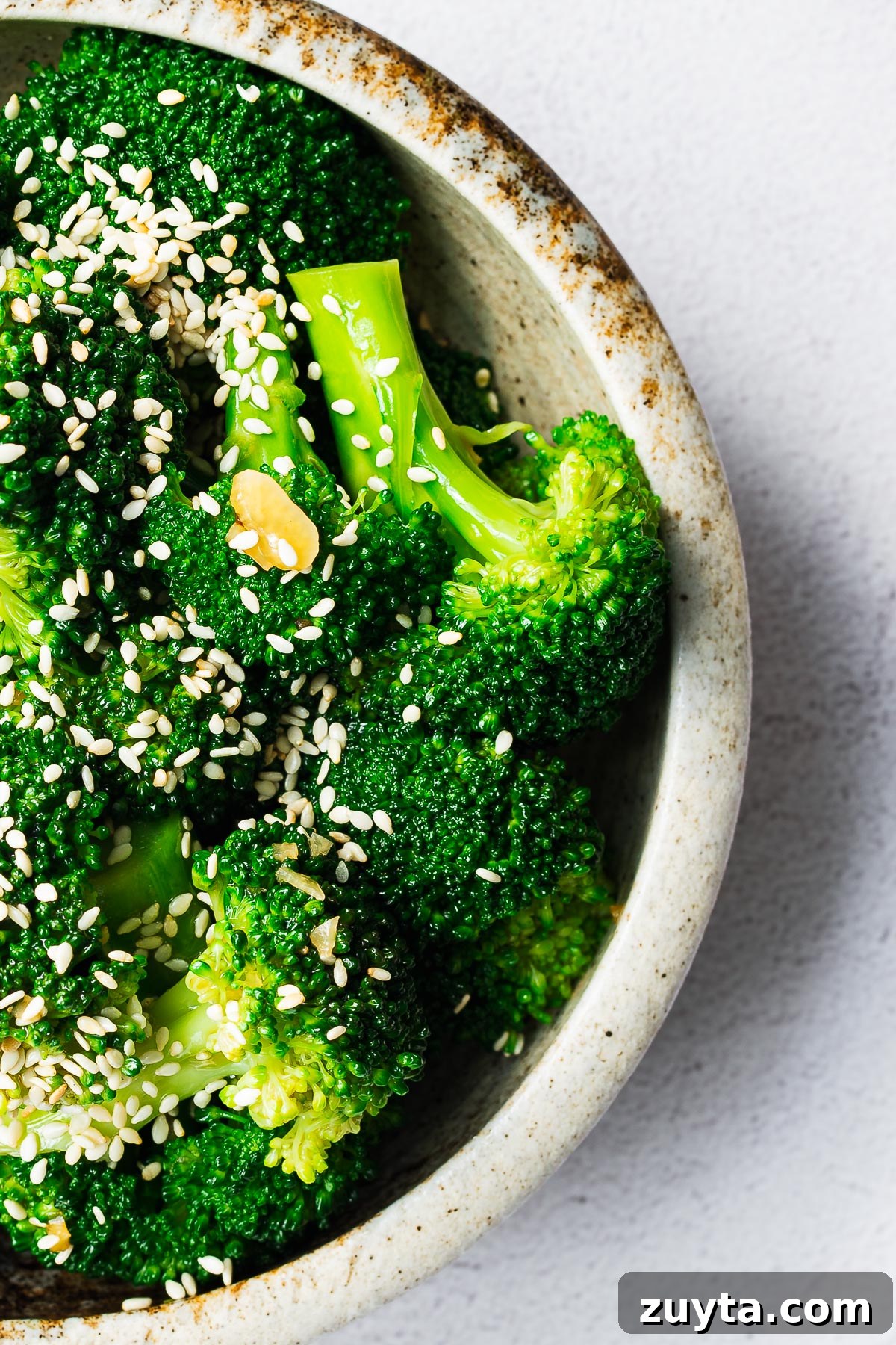 Korean broccoli salad close-up viewed from above.
