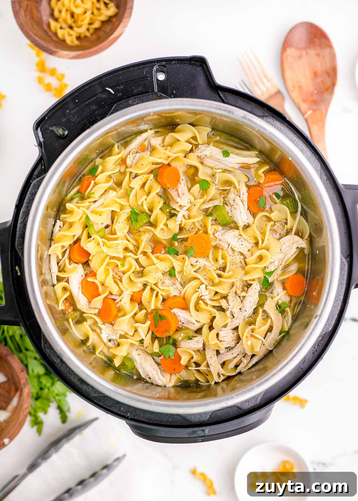 Overhead photo looking into an instant pot filled with chicken noodle soup.