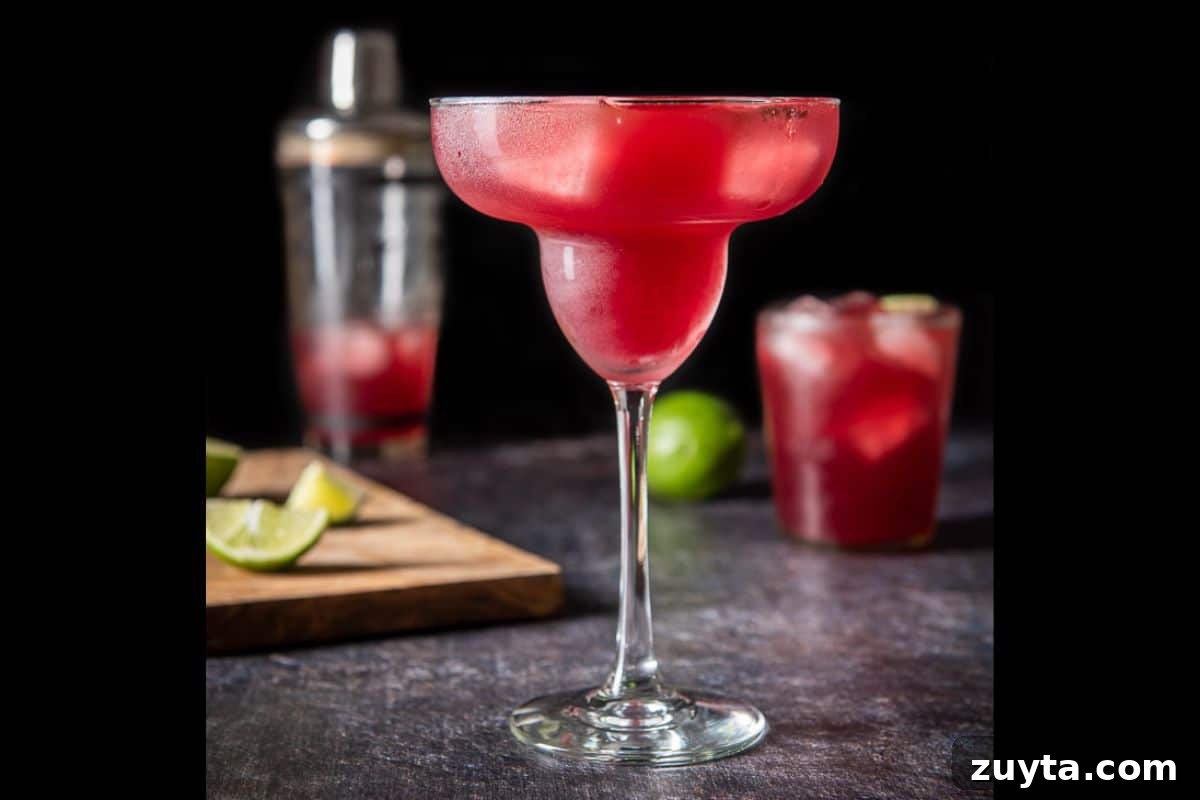 Pomegranate Margarita Cocktail Recipe 3 A tall classic margarita glass filled with red margarita with a shorter glass in the back