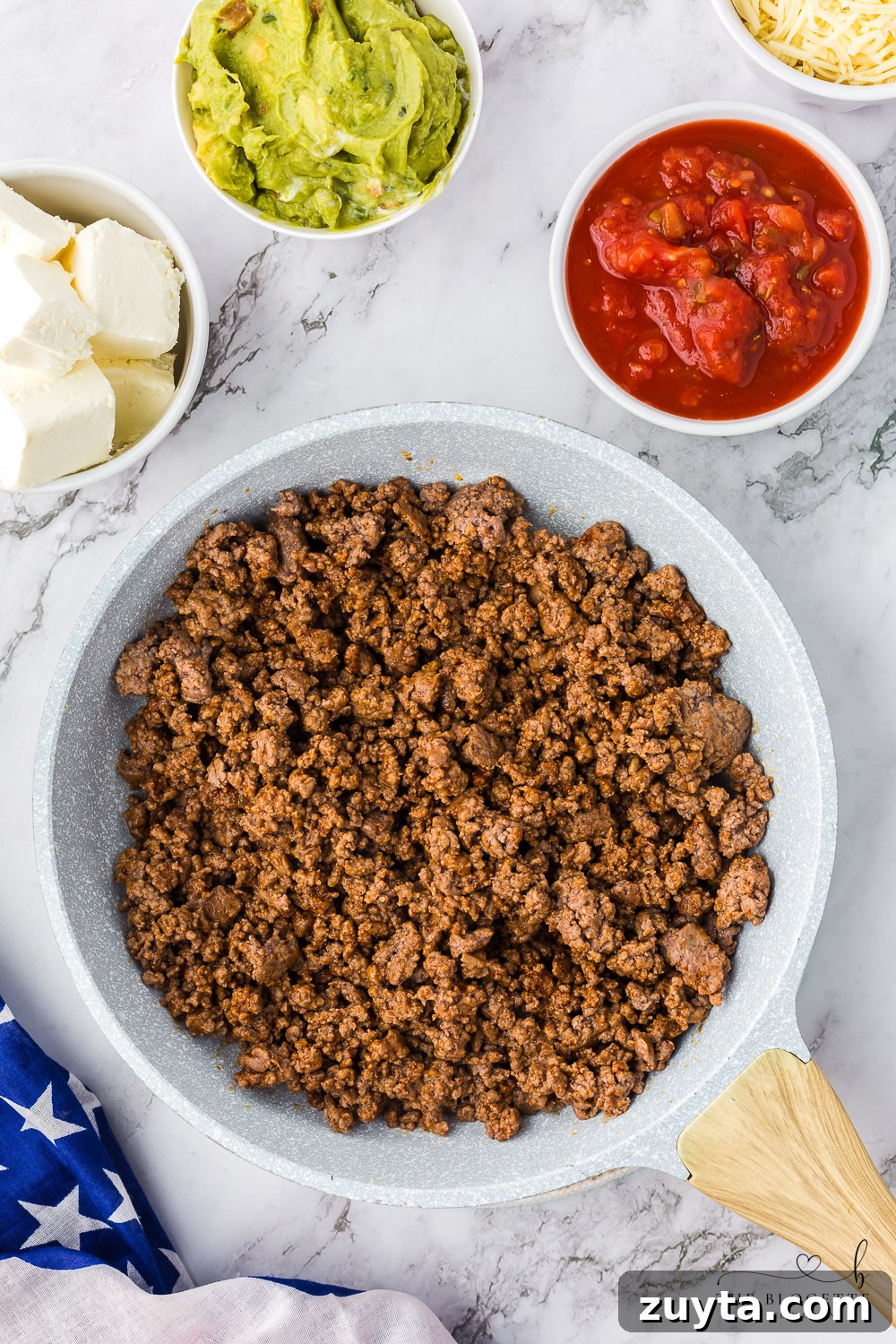 Patriotic American Flag 7 Layer Dip for Fourth of July 4 Seasoned ground beef