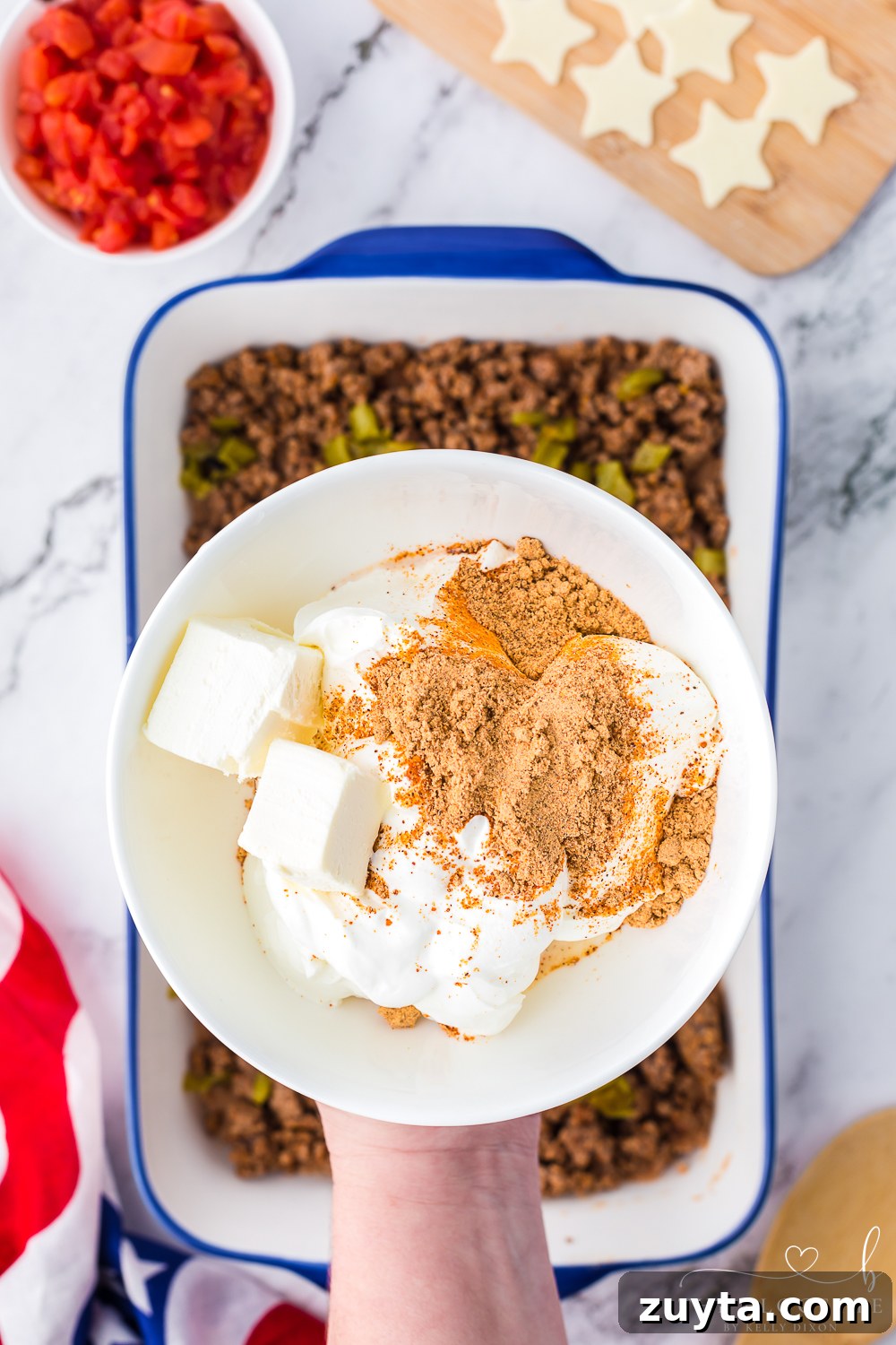 Patriotic American Flag 7 Layer Dip for Fourth of July 6 Seasoned sour cream