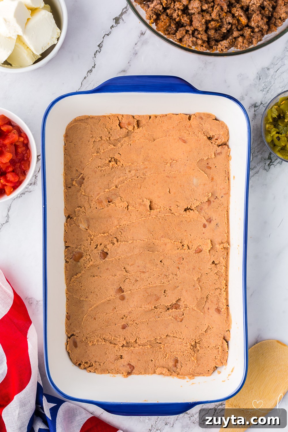 Patriotic American Flag 7 Layer Dip for Fourth of July 8 Bean layer
