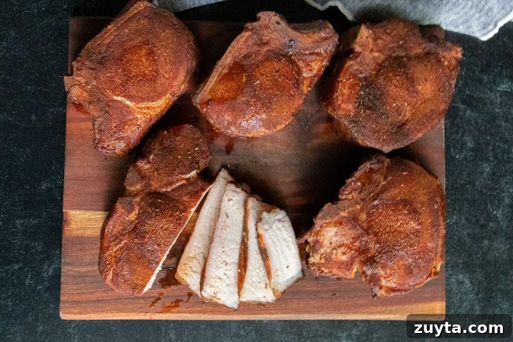 Slow-Braised Apple Cider Pork Shoulder 11 Double bone in pork chops sliced on a cutting board.