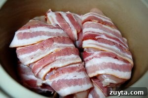 Bacon-wrapped chicken arranged in slow cooker