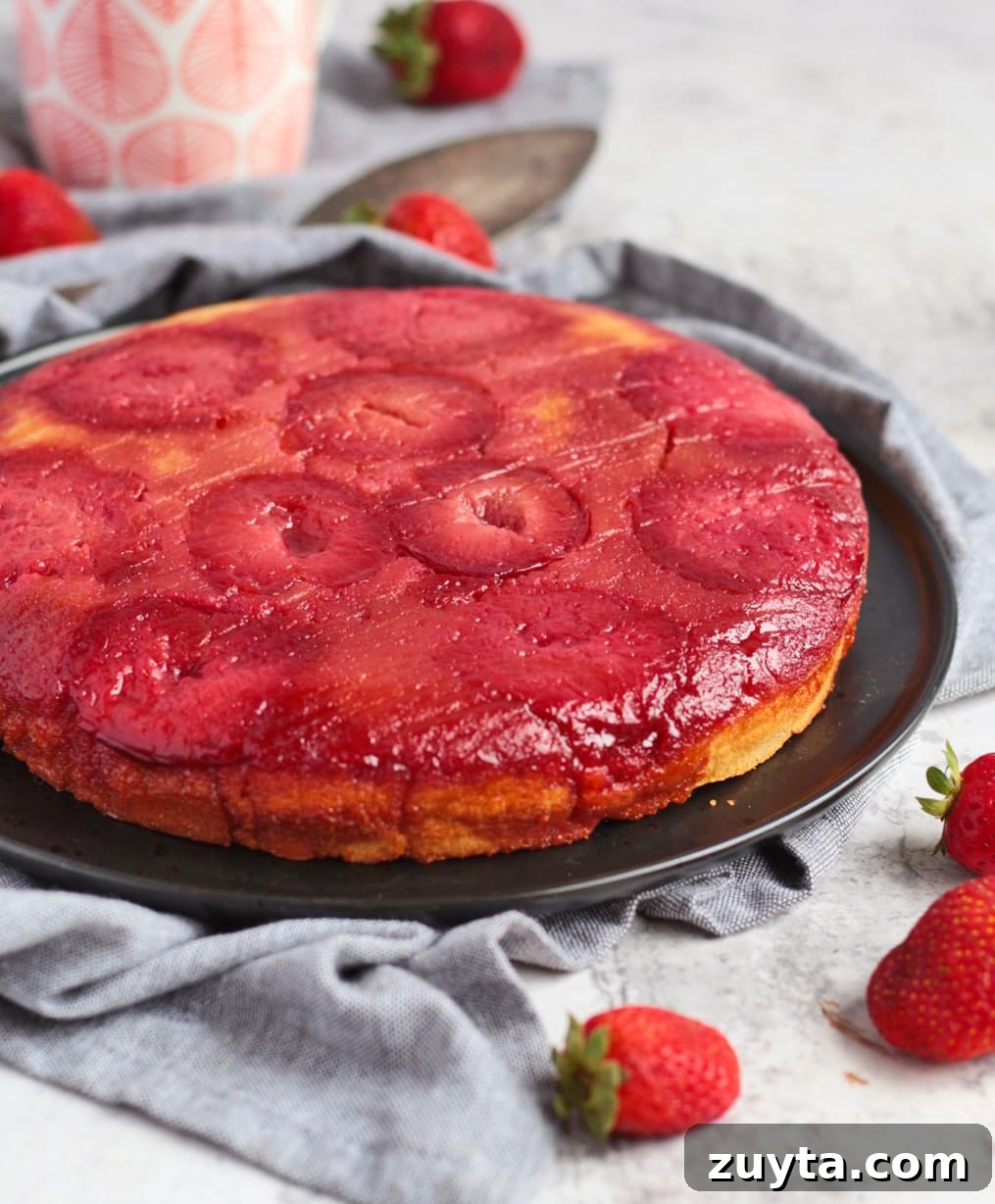 Caramelized Plum Upside-Down Cake Recipe 2 Side view of the cake on a black plate.