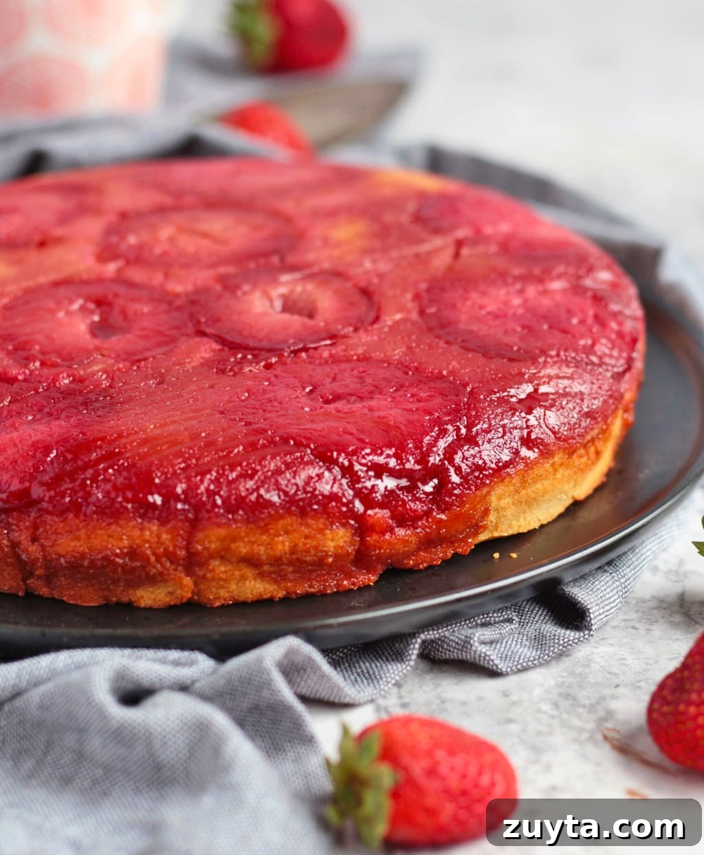 Caramelized Plum Upside-Down Cake Recipe 3 Close up on the caramelised sides of the cake.