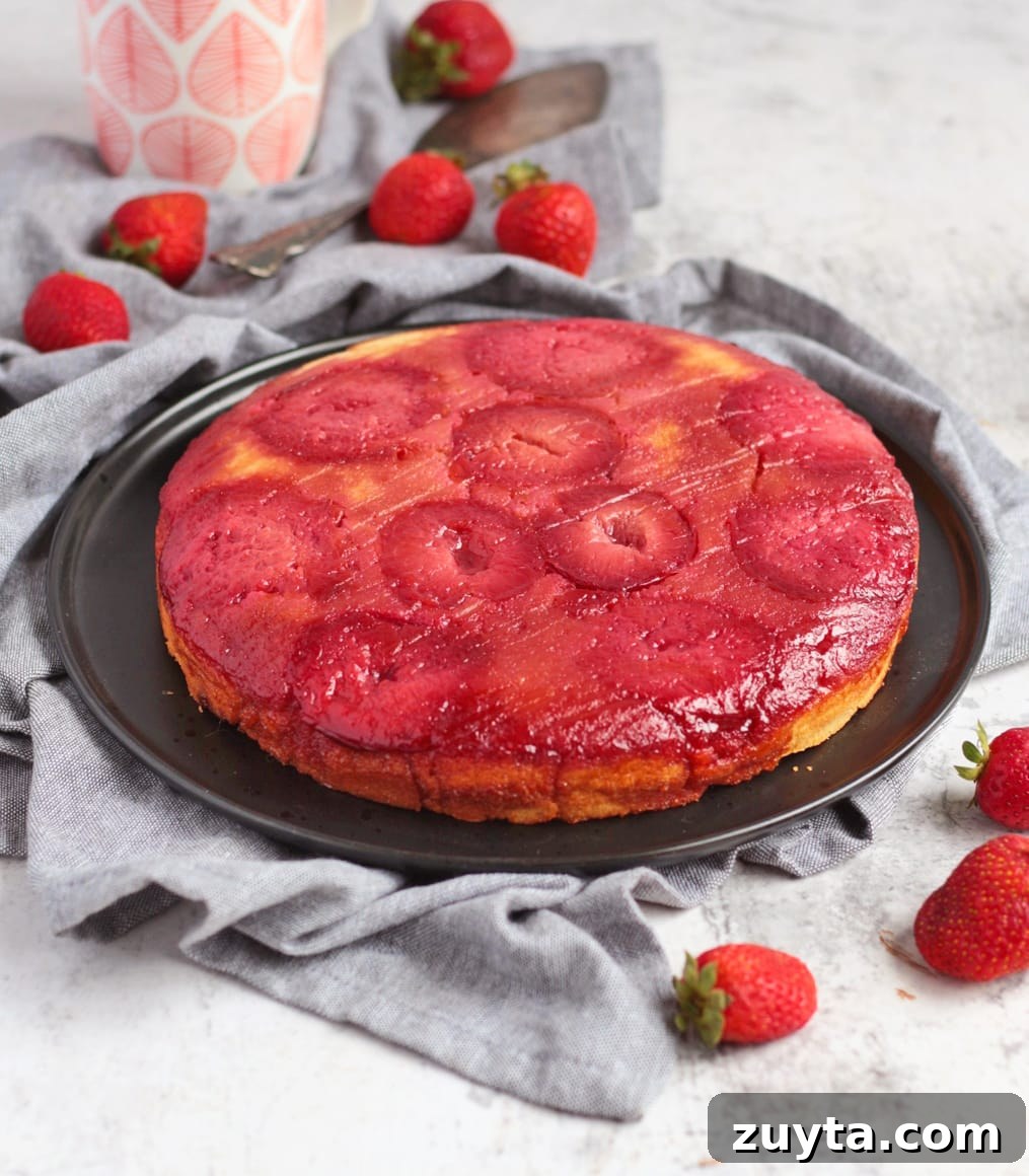 Caramelized Plum Upside-Down Cake Recipe 6 Upside Down Plum Cake on a black plate surrounded by strawberries.