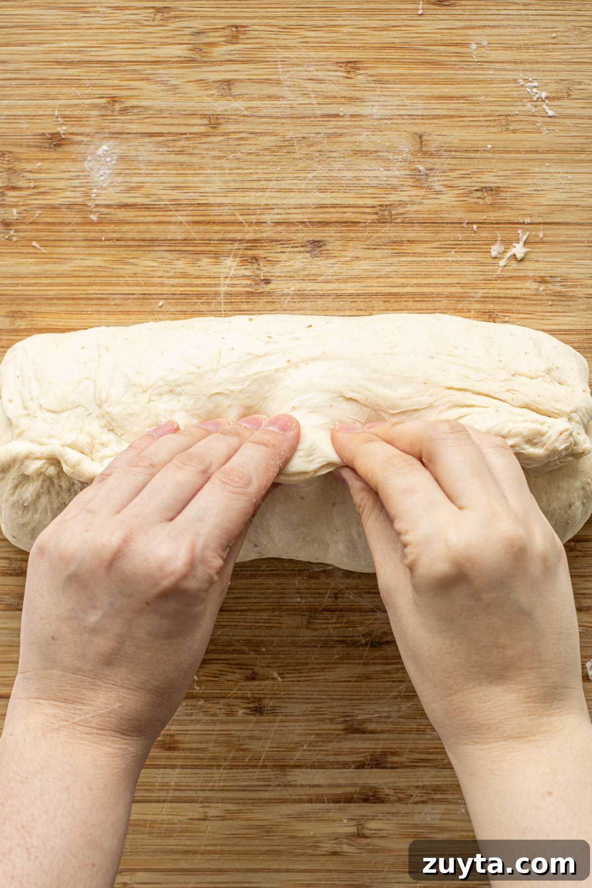 Make Sourdough Sandwich Bread in One Day 12 Hands pinching dough to close it.