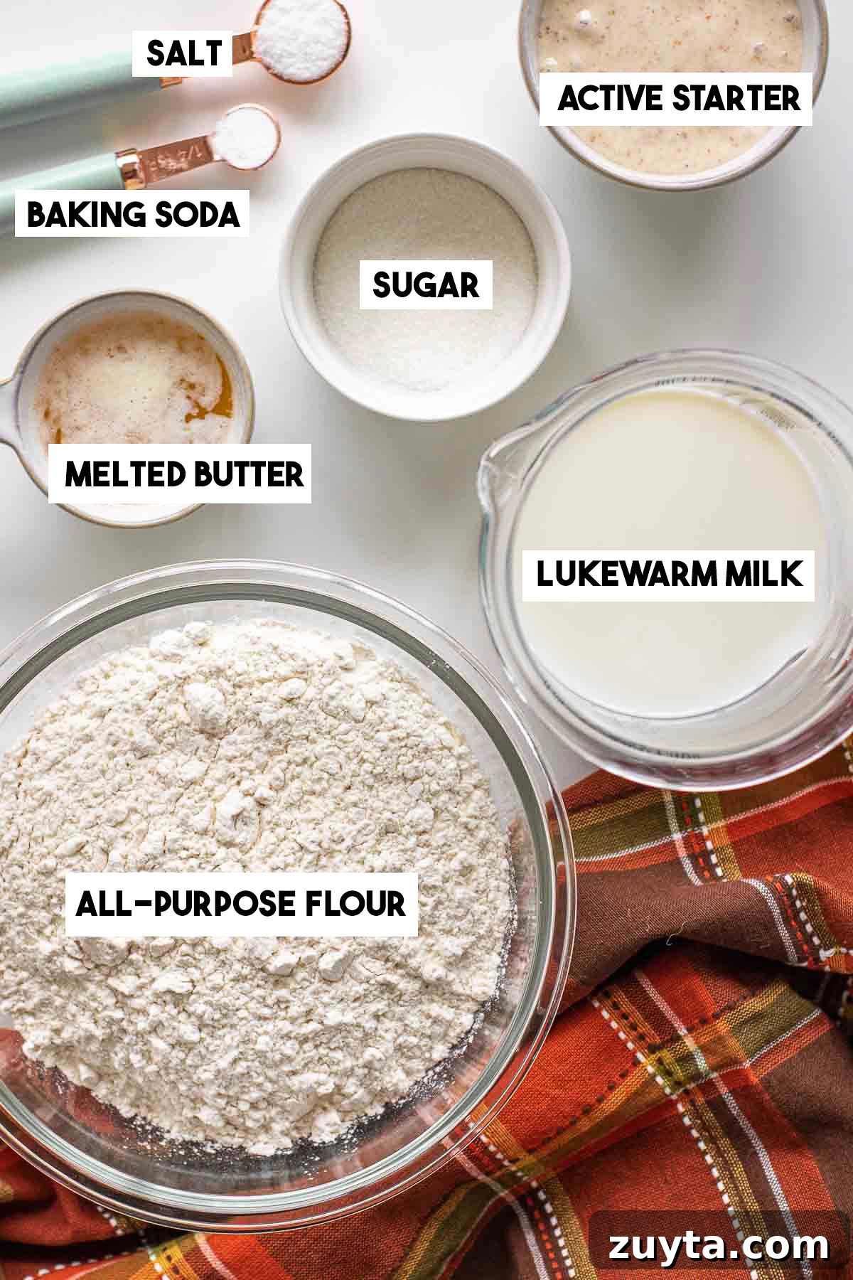 Make Sourdough Sandwich Bread in One Day 3 Ingredients of this recipe: baking soda, starter, sugar, milk, salt, butter and flour.