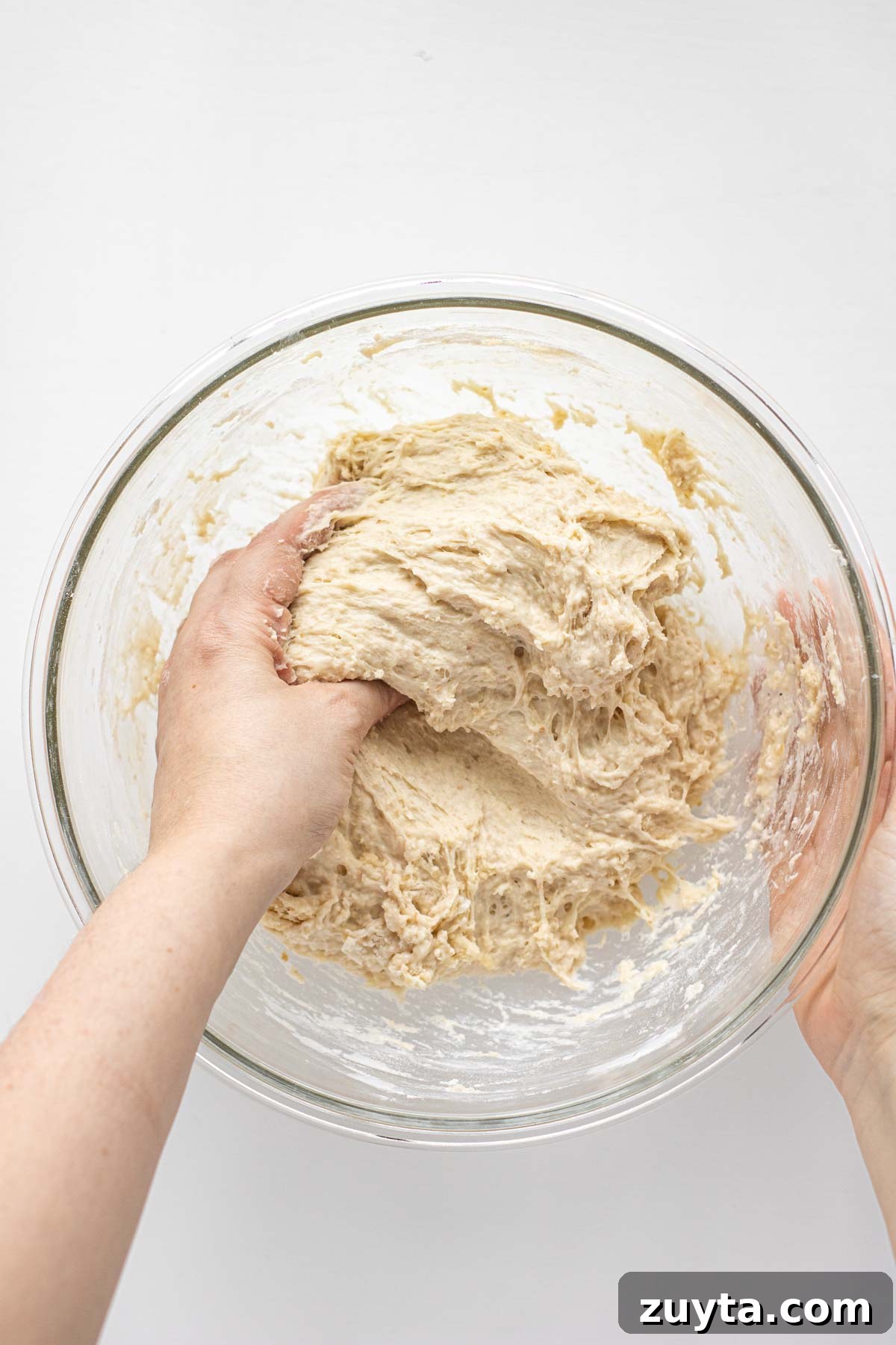 Make Sourdough Sandwich Bread in One Day 7 First stretch and fold of the dough.