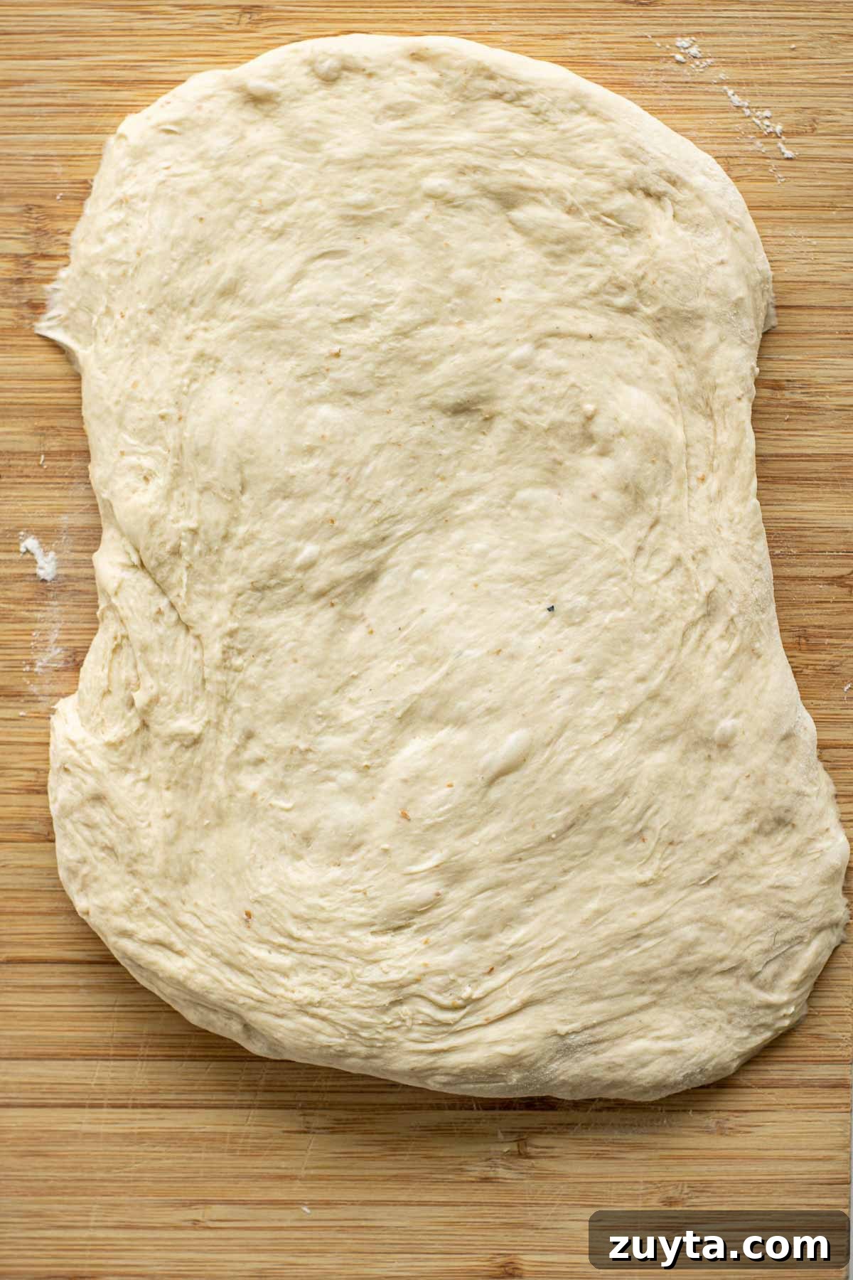 Make Sourdough Sandwich Bread in One Day 10 Opened dough in a rectangular shape.