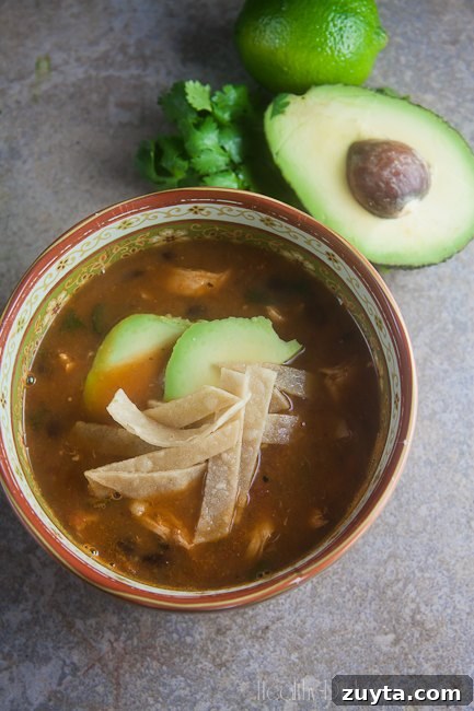 Chicken Tortilla Soup with Avocado, Lime and Crispy Strips 2 Easiest Ever Chicken Tortilla Soup | Healthy-Delicious.com