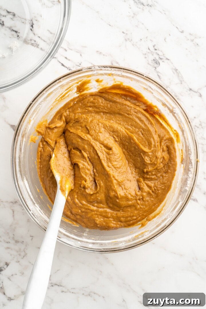 Combine both mixtures. Overhead view of pumpkin bread batter in bowl