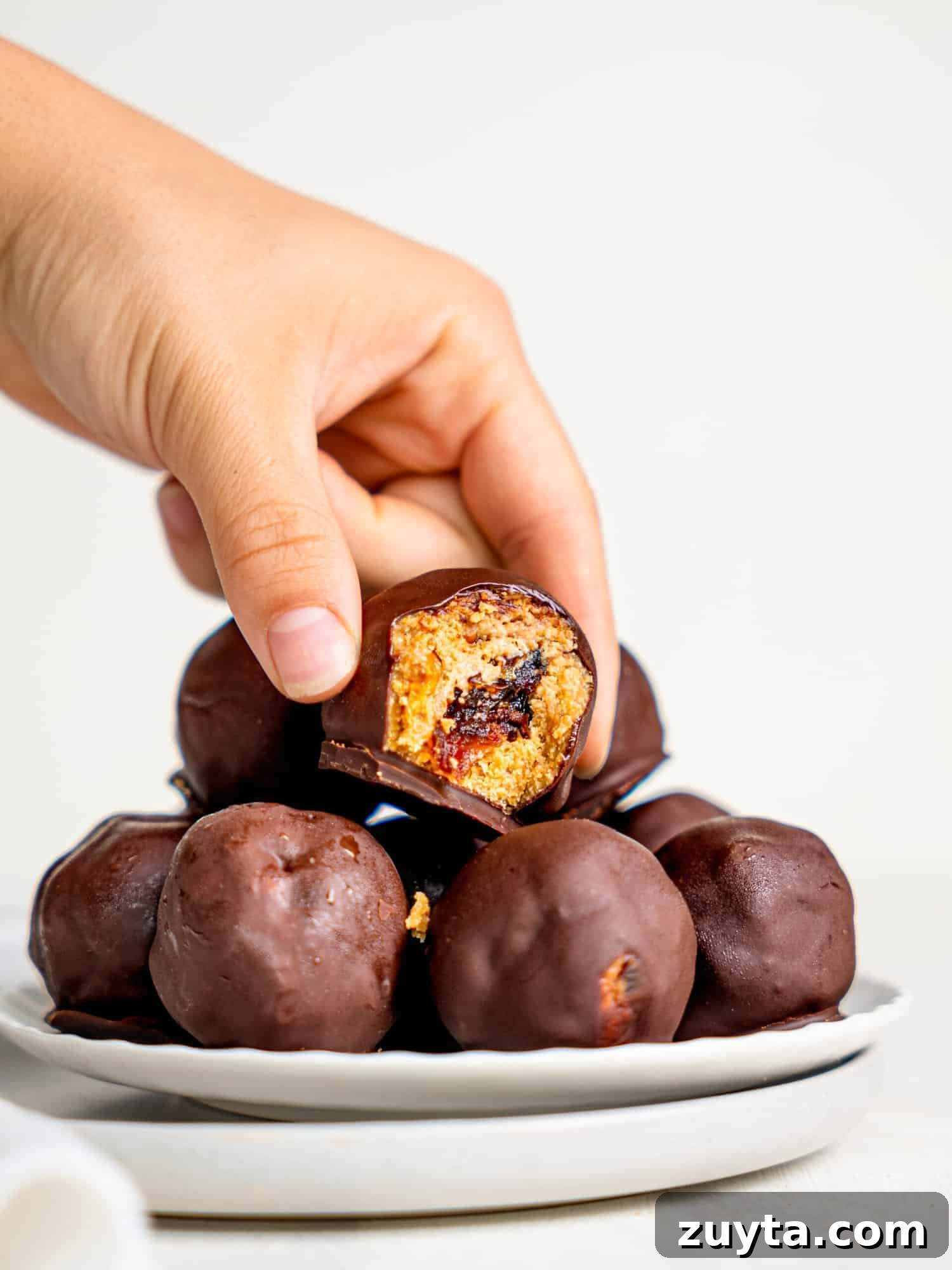 12 No-Bake Dessert Recipes for Parties and Weeknights 11 Date Snickers energy balls on a white plate.